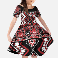 Personalised Aotearoa Waitangi Family Matching Off The Shoulder Long Sleeve Dress and Hawaiian Shirt Taniko Motifs - Mania Gecko LT7 Daughter's Dress Red - Polynesian Pride