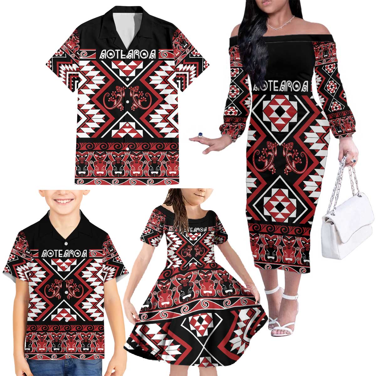 Personalised Aotearoa Waitangi Family Matching Off The Shoulder Long Sleeve Dress and Hawaiian Shirt Taniko Motifs - Mania Gecko LT7 - Polynesian Pride