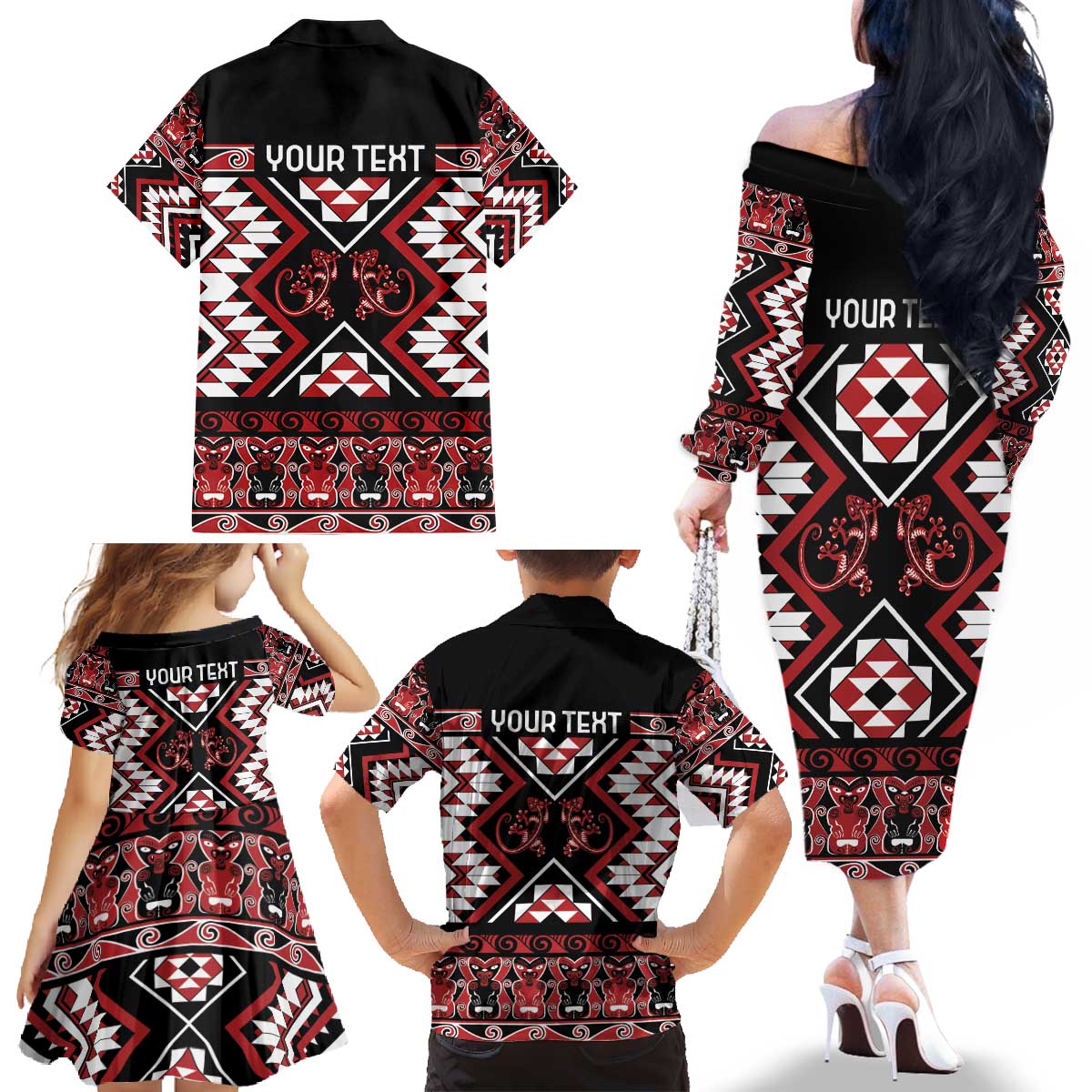 Personalised Aotearoa Waitangi Family Matching Off The Shoulder Long Sleeve Dress and Hawaiian Shirt Taniko Motifs - Mania Gecko LT7 - Polynesian Pride