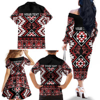 Personalised Aotearoa Waitangi Family Matching Off The Shoulder Long Sleeve Dress and Hawaiian Shirt Taniko Motifs - Mania Gecko LT7 - Polynesian Pride