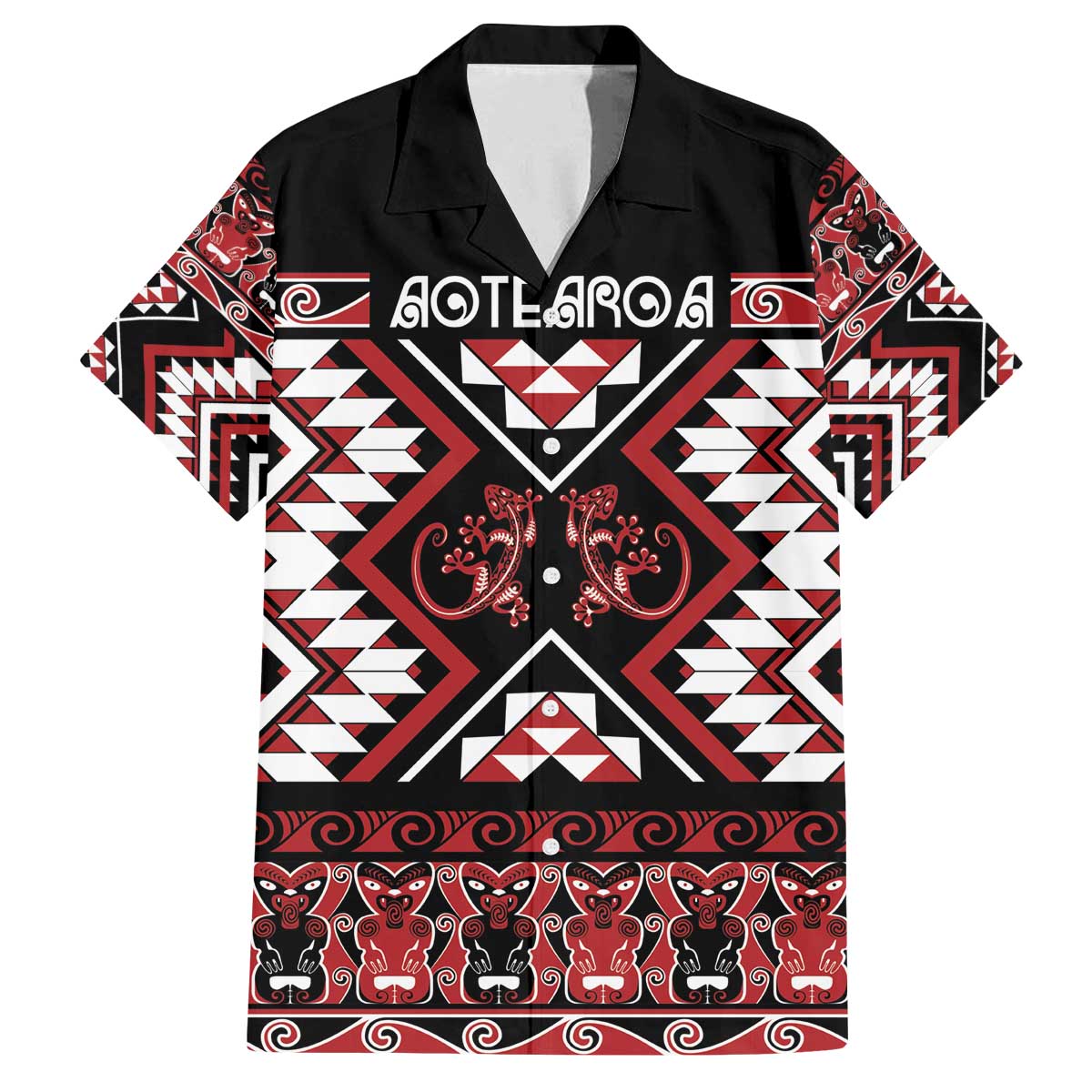 Personalised Aotearoa Waitangi Family Matching Off The Shoulder Long Sleeve Dress and Hawaiian Shirt Taniko Motifs - Mania Gecko LT7 Dad's Shirt - Short Sleeve Red - Polynesian Pride