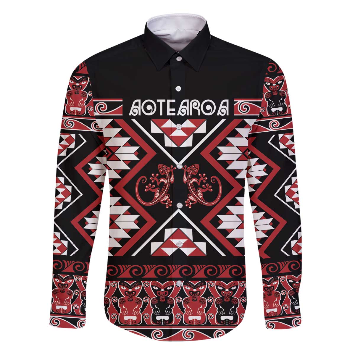 Personalised Aotearoa Waitangi Family Matching Off The Shoulder Long Sleeve Dress and Hawaiian Shirt Taniko Motifs - Mania Gecko LT7 Dad's Shirt - Long Sleeve Red - Polynesian Pride