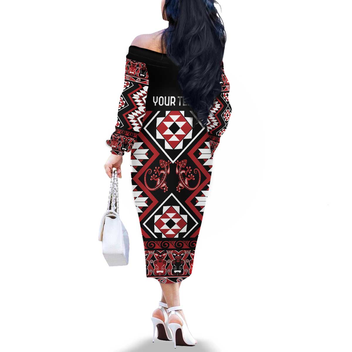 Personalised Aotearoa Waitangi Family Matching Off The Shoulder Long Sleeve Dress and Hawaiian Shirt Taniko Motifs - Mania Gecko LT7 - Polynesian Pride