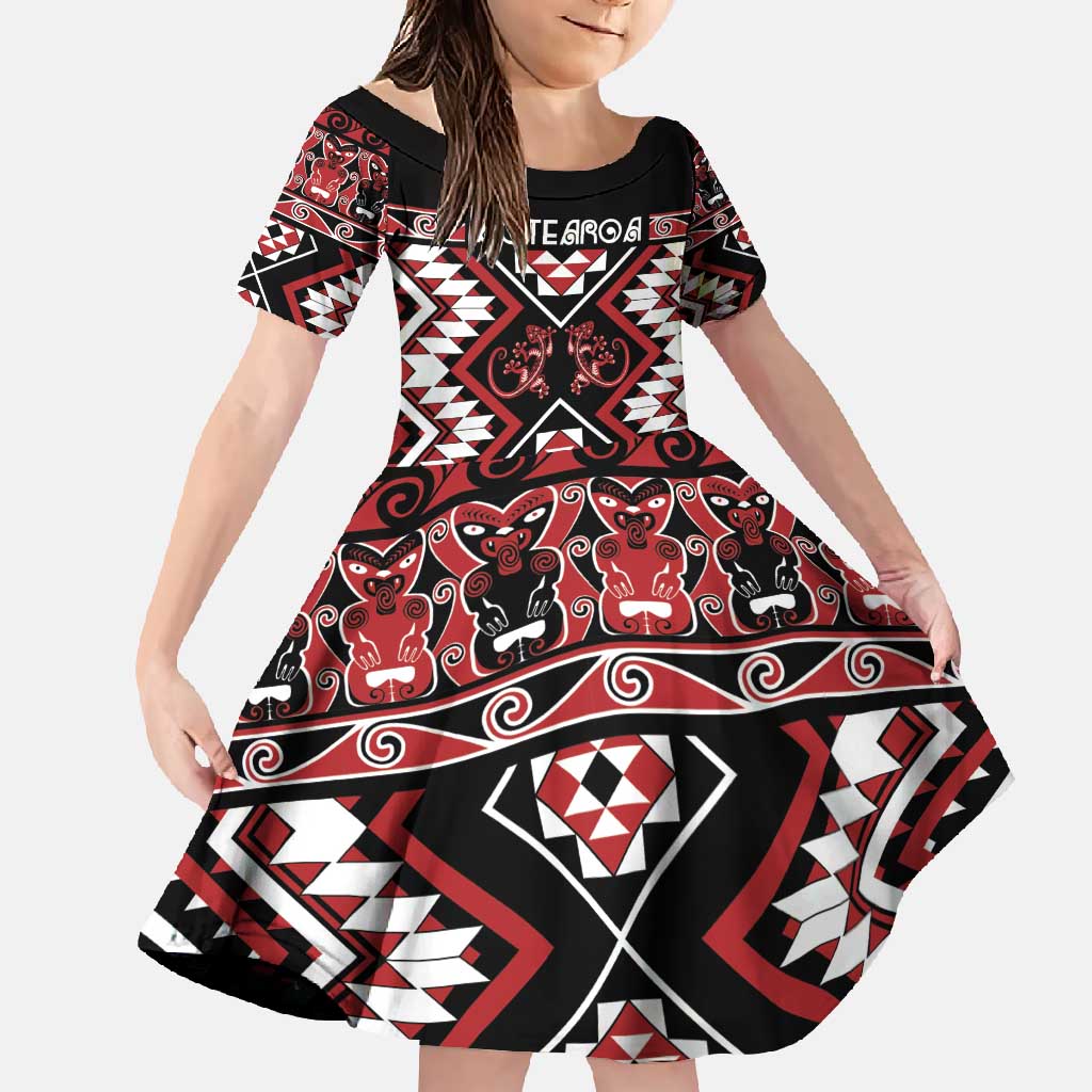 Personalised Aotearoa Waitangi Family Matching Off Shoulder Maxi Dress and Hawaiian Shirt Taniko Motifs - Mania Gecko LT7 Daughter's Dress Red - Polynesian Pride