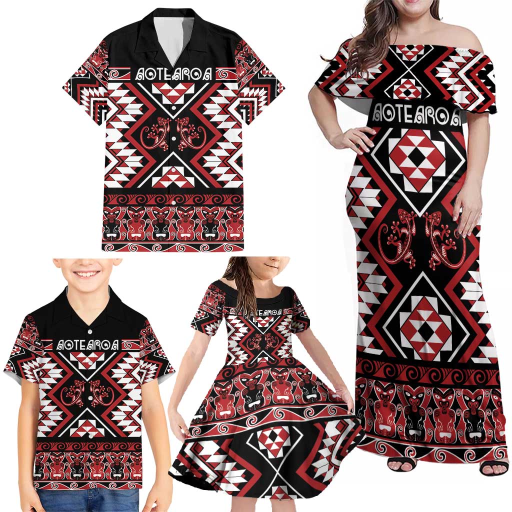 Personalised Aotearoa Waitangi Family Matching Off Shoulder Maxi Dress and Hawaiian Shirt Taniko Motifs - Mania Gecko LT7 - Polynesian Pride