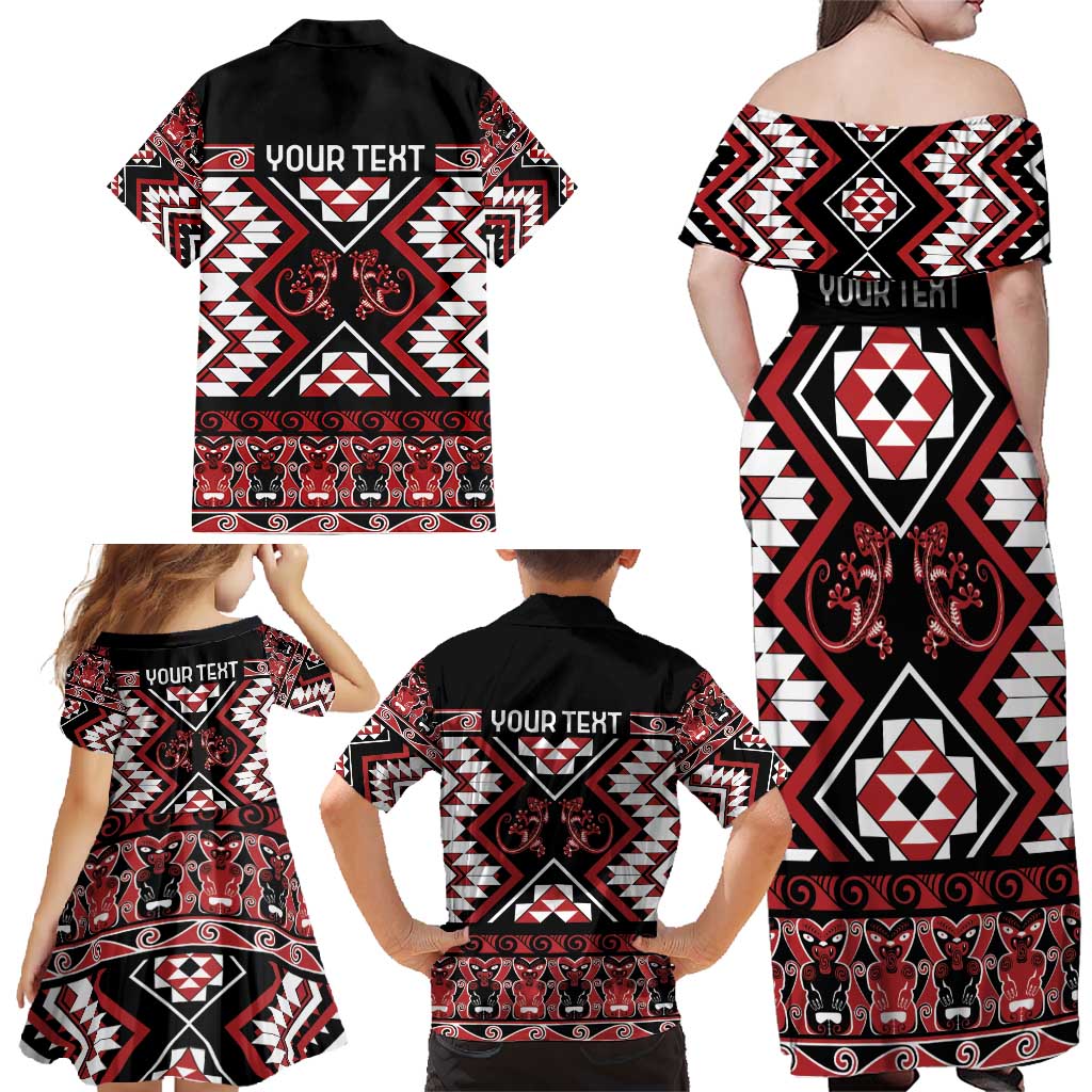 Personalised Aotearoa Waitangi Family Matching Off Shoulder Maxi Dress and Hawaiian Shirt Taniko Motifs - Mania Gecko LT7 - Polynesian Pride