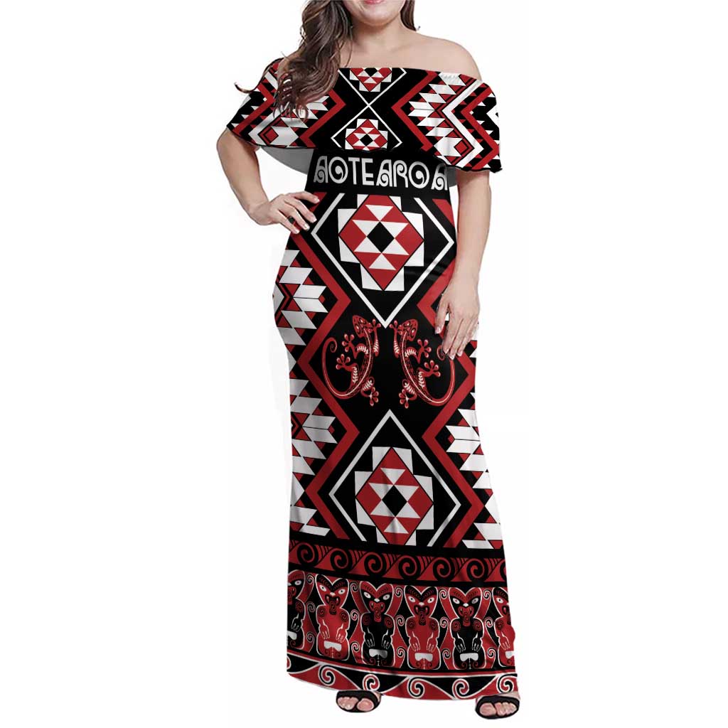 Personalised Aotearoa Waitangi Family Matching Off Shoulder Maxi Dress and Hawaiian Shirt Taniko Motifs - Mania Gecko LT7 Mom's Dress Red - Polynesian Pride