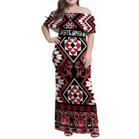 Personalised Aotearoa Waitangi Family Matching Off Shoulder Maxi Dress and Hawaiian Shirt Taniko Motifs - Mania Gecko LT7 Mom's Dress Red - Polynesian Pride