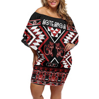 Personalised Aotearoa Waitangi Family Matching Off Shoulder Short Dress and Hawaiian Shirt Taniko Motifs - Mania Gecko LT7 Mom's Dress Red - Polynesian Pride