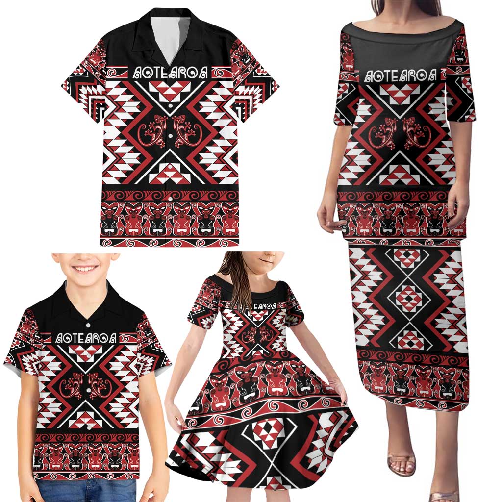 Personalised Aotearoa Waitangi Family Matching Puletasi and Hawaiian Shirt Taniko Motifs - Mania Gecko LT7 - Polynesian Pride