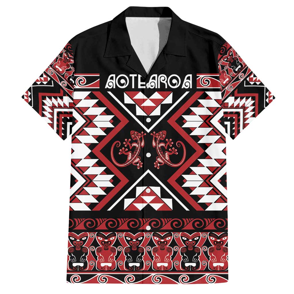Personalised Aotearoa Waitangi Family Matching Puletasi and Hawaiian Shirt Taniko Motifs - Mania Gecko LT7 Dad's Shirt - Short Sleeve Red - Polynesian Pride