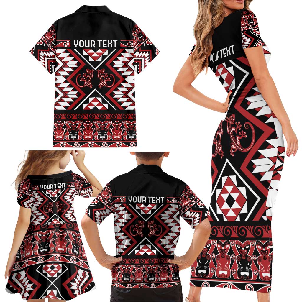 Personalised Aotearoa Waitangi Family Matching Short Sleeve Bodycon Dress and Hawaiian Shirt Taniko Motifs - Mania Gecko LT7 - Polynesian Pride