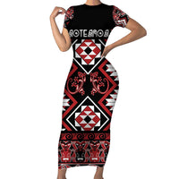 Personalised Aotearoa Waitangi Family Matching Short Sleeve Bodycon Dress and Hawaiian Shirt Taniko Motifs - Mania Gecko LT7 Mom's Dress Red - Polynesian Pride