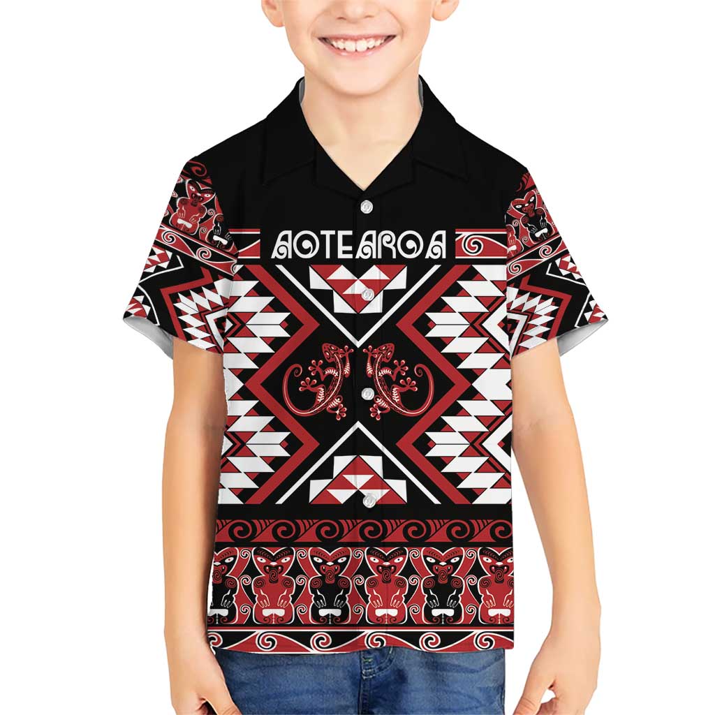 Personalised Aotearoa Waitangi Kid Hawaiian Shirt Taniko Motifs - Mania Gecko LT7 Kid Red - Polynesian Pride