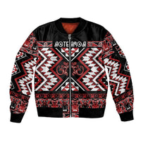 Personalised Aotearoa Waitangi Sleeve Zip Bomber Jacket Taniko Motifs - Mania Gecko LT7 Unisex Red - Polynesian Pride