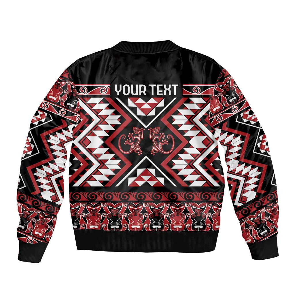 Personalised Aotearoa Waitangi Sleeve Zip Bomber Jacket Taniko Motifs - Mania Gecko LT7 - Polynesian Pride