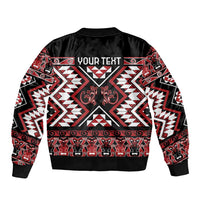 Personalised Aotearoa Waitangi Sleeve Zip Bomber Jacket Taniko Motifs - Mania Gecko LT7 - Polynesian Pride