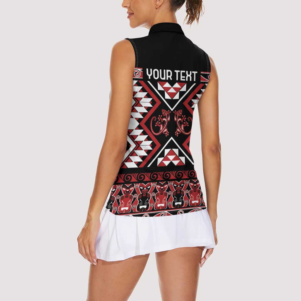 Personalised Aotearoa Waitangi Women Sleeveless Polo Shirt Taniko Motifs - Mania Gecko LT7 - Polynesian Pride