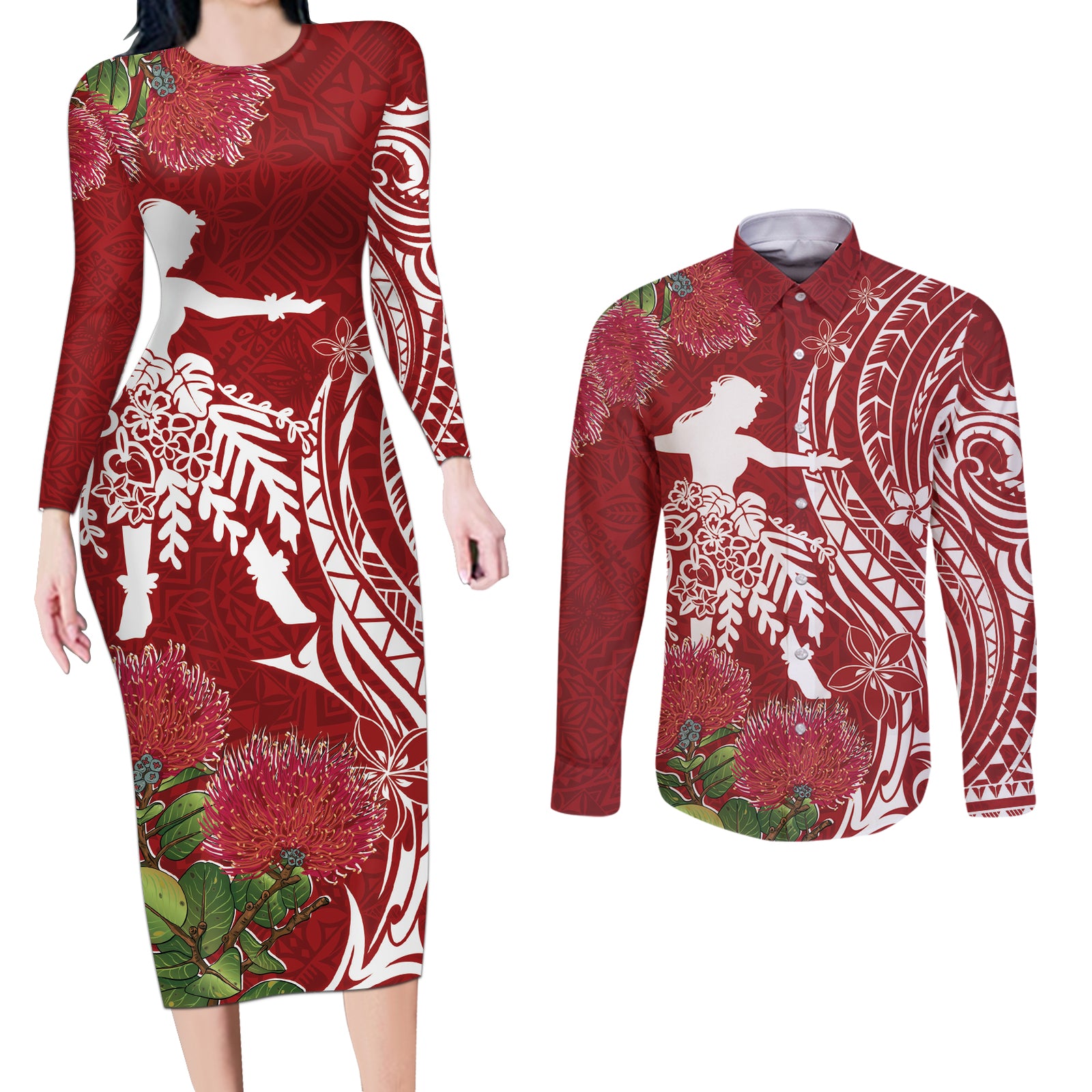 Personalised Hawaii Wahine Couples Matching Long Sleeve Bodycon Dress and Long Sleeve Button Shirt Women's Day Ohia Lehua LT7 Red - Polynesian Pride