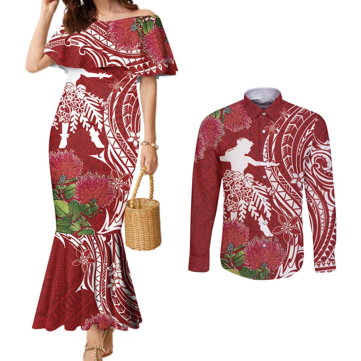 Personalised Hawaii Wahine Couples Matching Mermaid Dress and Long Sleeve Button Shirt Women's Day Ohia Lehua LT7 Red - Polynesian Pride