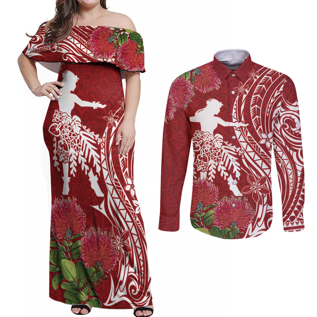 Personalised Hawaii Wahine Couples Matching Off Shoulder Maxi Dress and Long Sleeve Button Shirt Women's Day Ohia Lehua LT7 Red - Polynesian Pride