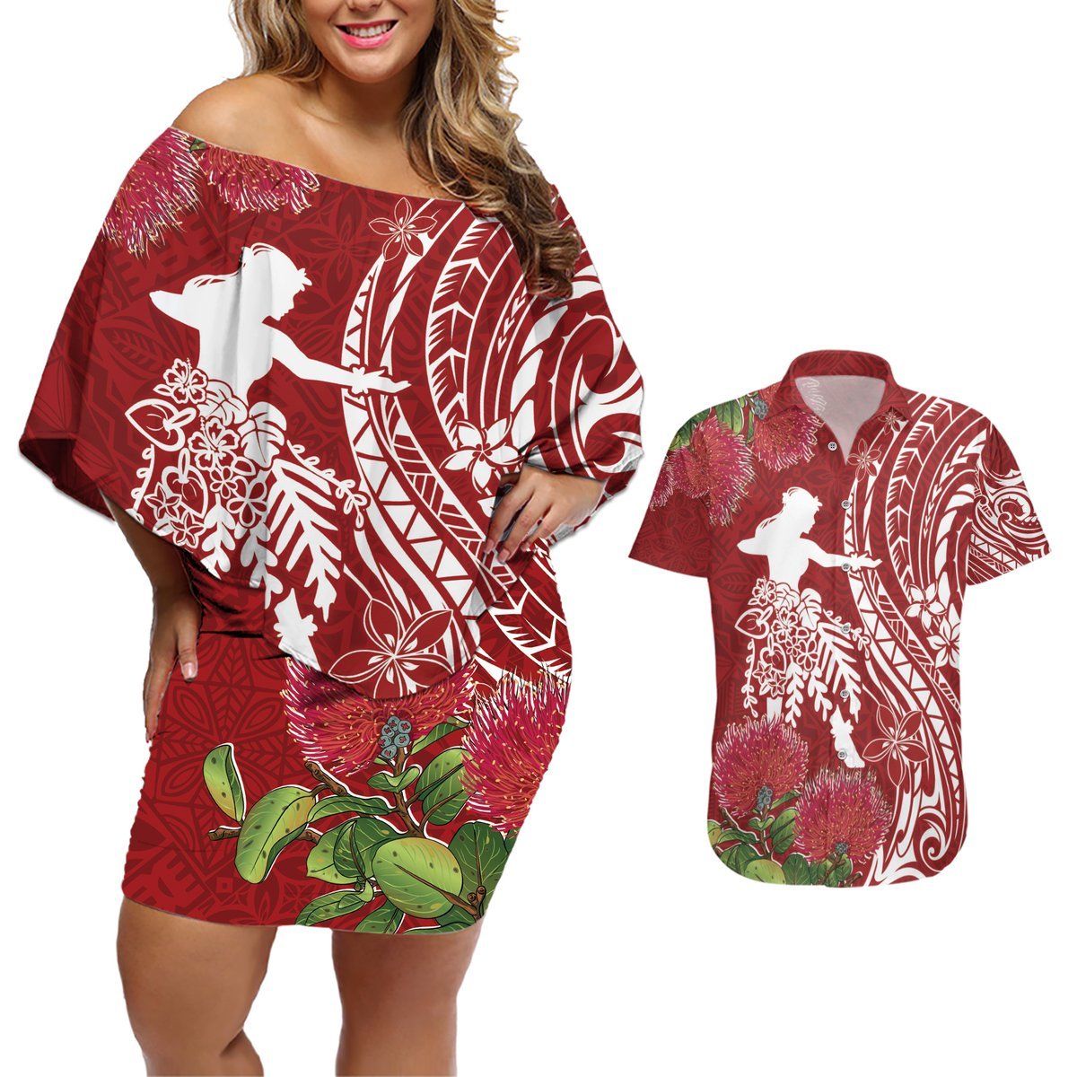Personalised Hawaii Wahine Couples Matching Off Shoulder Short Dress and Hawaiian Shirt Women's Day Ohia Lehua LT7 Red - Polynesian Pride