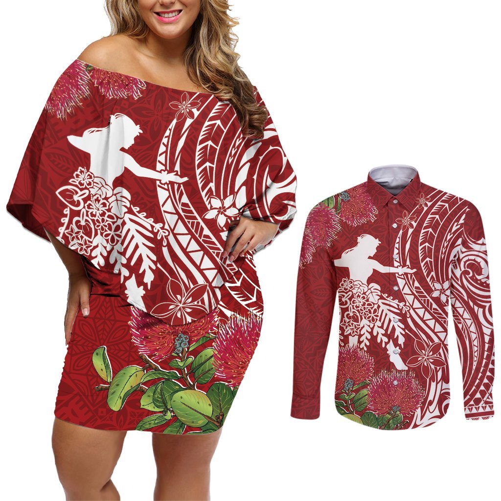 Personalised Hawaii Wahine Couples Matching Off Shoulder Short Dress and Long Sleeve Button Shirt Women's Day Ohia Lehua LT7 Red - Polynesian Pride