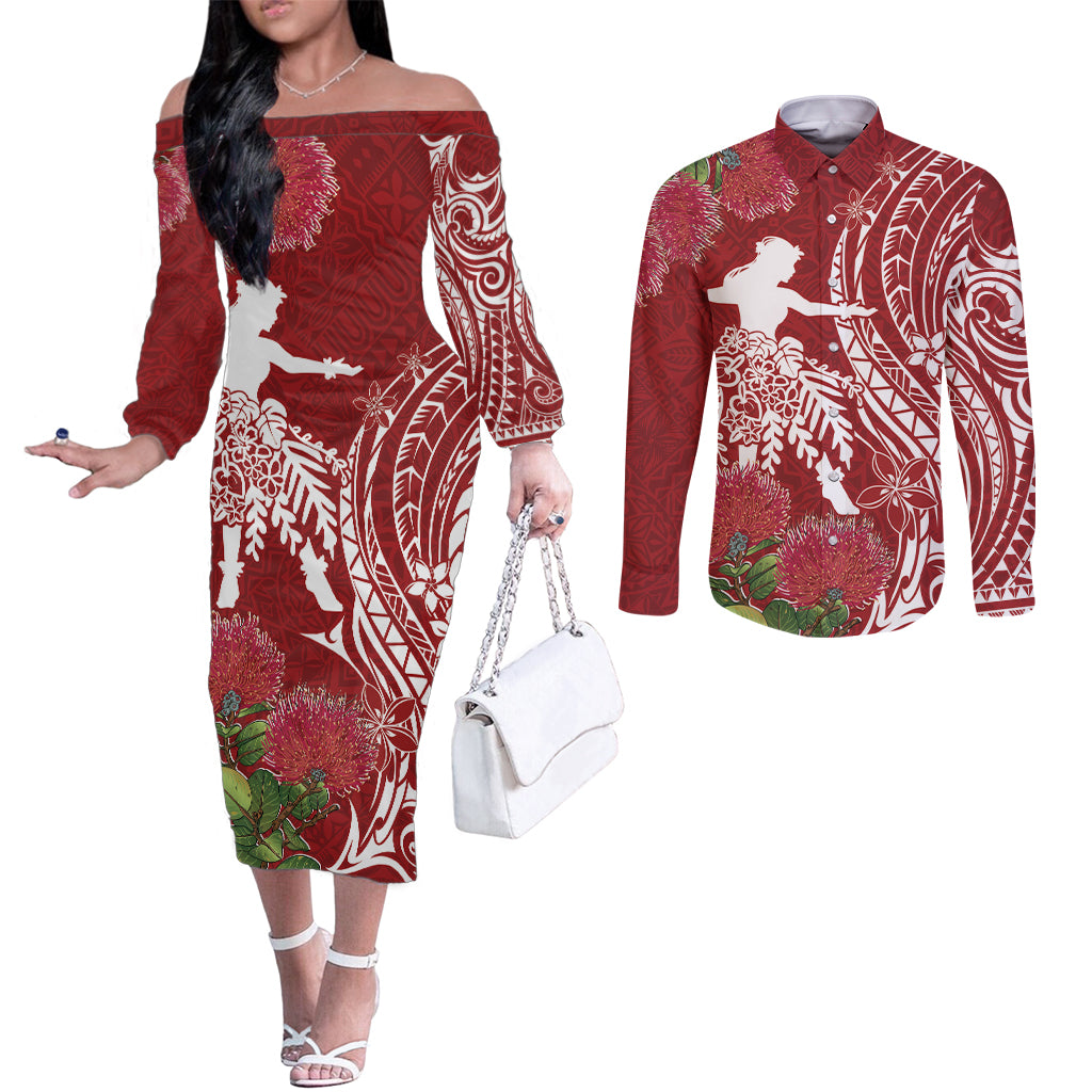 Personalised Hawaii Wahine Couples Matching Off The Shoulder Long Sleeve Dress and Long Sleeve Button Shirt Women's Day Ohia Lehua LT7 Red - Polynesian Pride