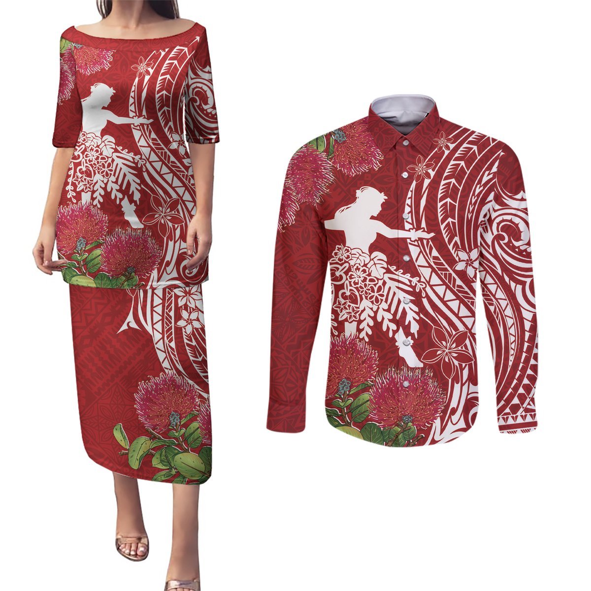 Personalised Hawaii Wahine Couples Matching Puletasi and Long Sleeve Button Shirt Women's Day Ohia Lehua LT7 Red - Polynesian Pride