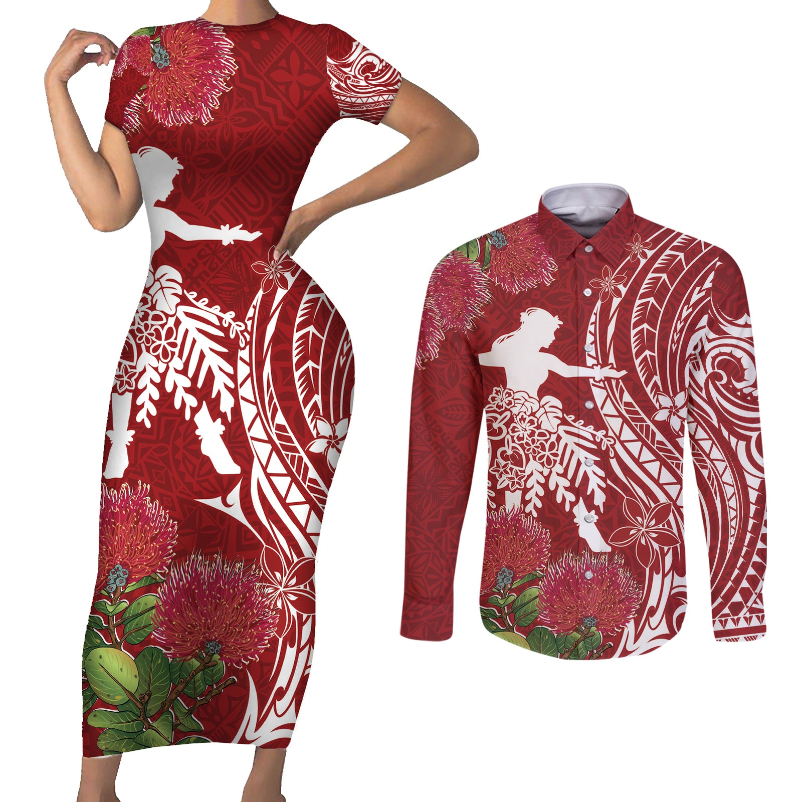 Personalised Hawaii Wahine Couples Matching Short Sleeve Bodycon Dress and Long Sleeve Button Shirt Women's Day Ohia Lehua LT7 Red - Polynesian Pride