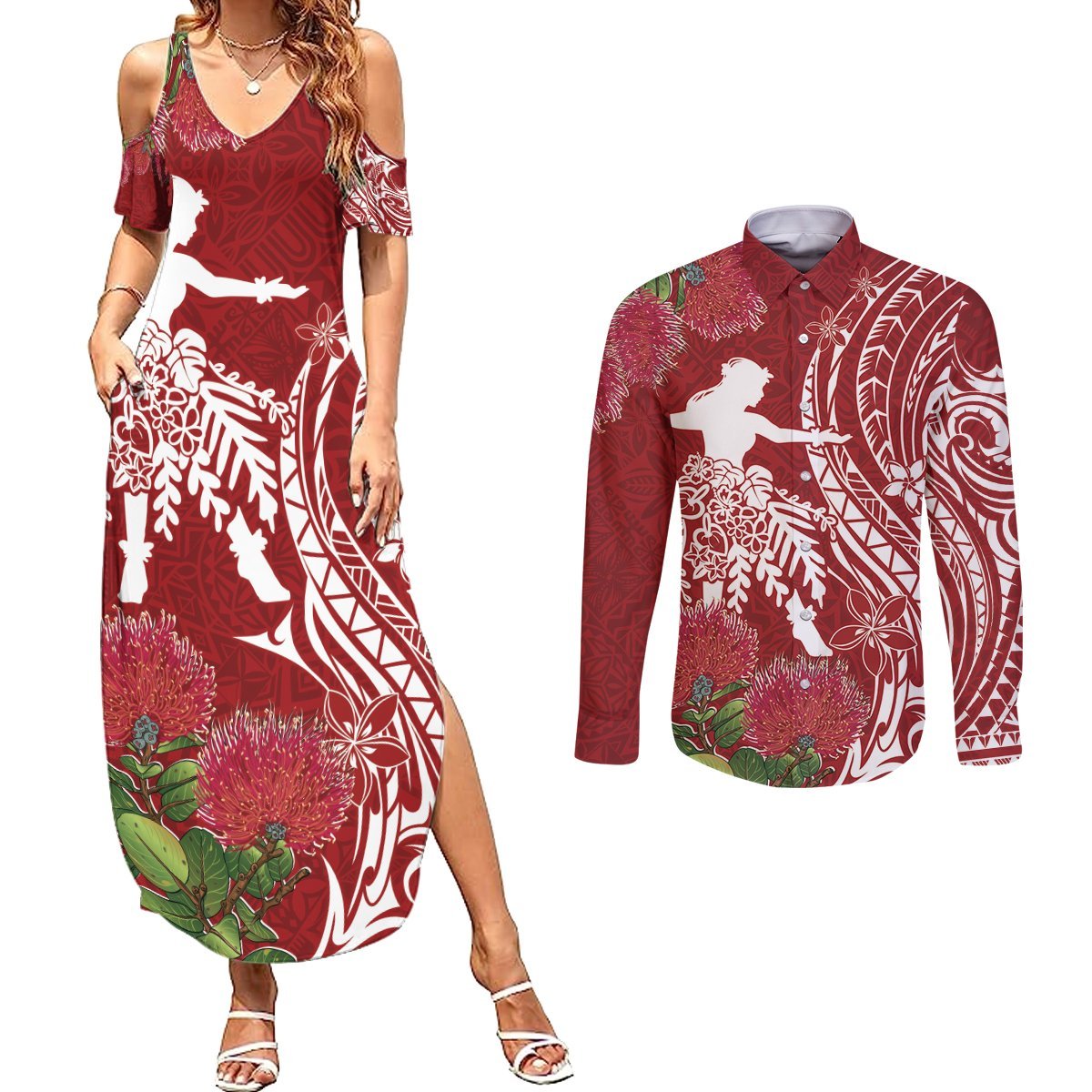 Personalised Hawaii Wahine Couples Matching Summer Maxi Dress and Long Sleeve Button Shirt Women's Day Ohia Lehua LT7 Red - Polynesian Pride
