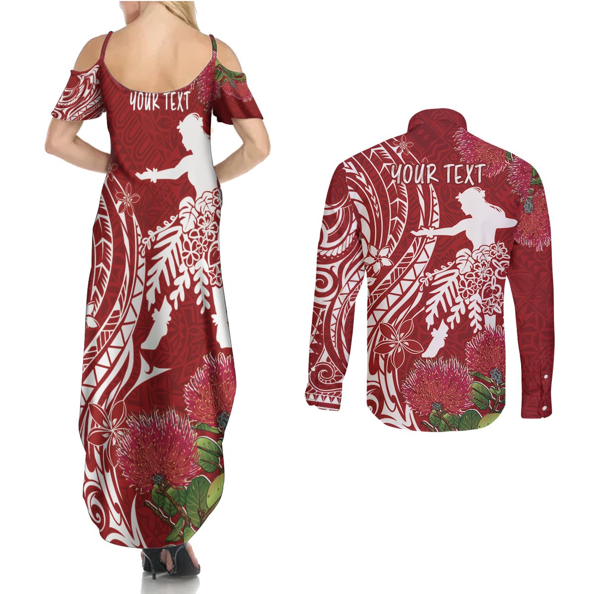 Personalised Hawaii Wahine Couples Matching Summer Maxi Dress and Long Sleeve Button Shirt Women's Day Ohia Lehua LT7 - Polynesian Pride