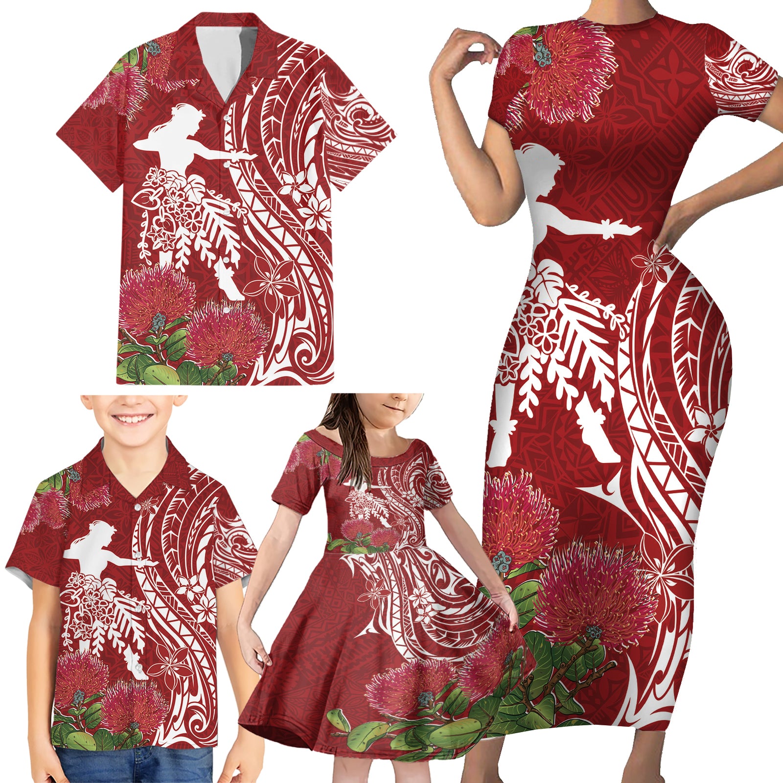 Personalised Hawaii Wahine Family Matching Short Sleeve Bodycon Dress and Hawaiian Shirt Women's Day Ohia Lehua LT7 - Polynesian Pride
