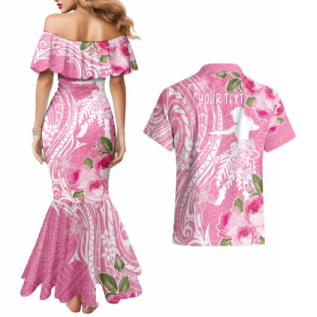 Personalised Hawaii Wahine Couples Matching Mermaid Dress and Hawaiian Shirt Women's Day Maui Lokelani Roses LT7 - Polynesian Pride