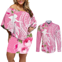 Personalised Hawaii Wahine Couples Matching Off Shoulder Short Dress and Long Sleeve Button Shirt Women's Day Maui Lokelani Roses LT7 Pink - Polynesian Pride
