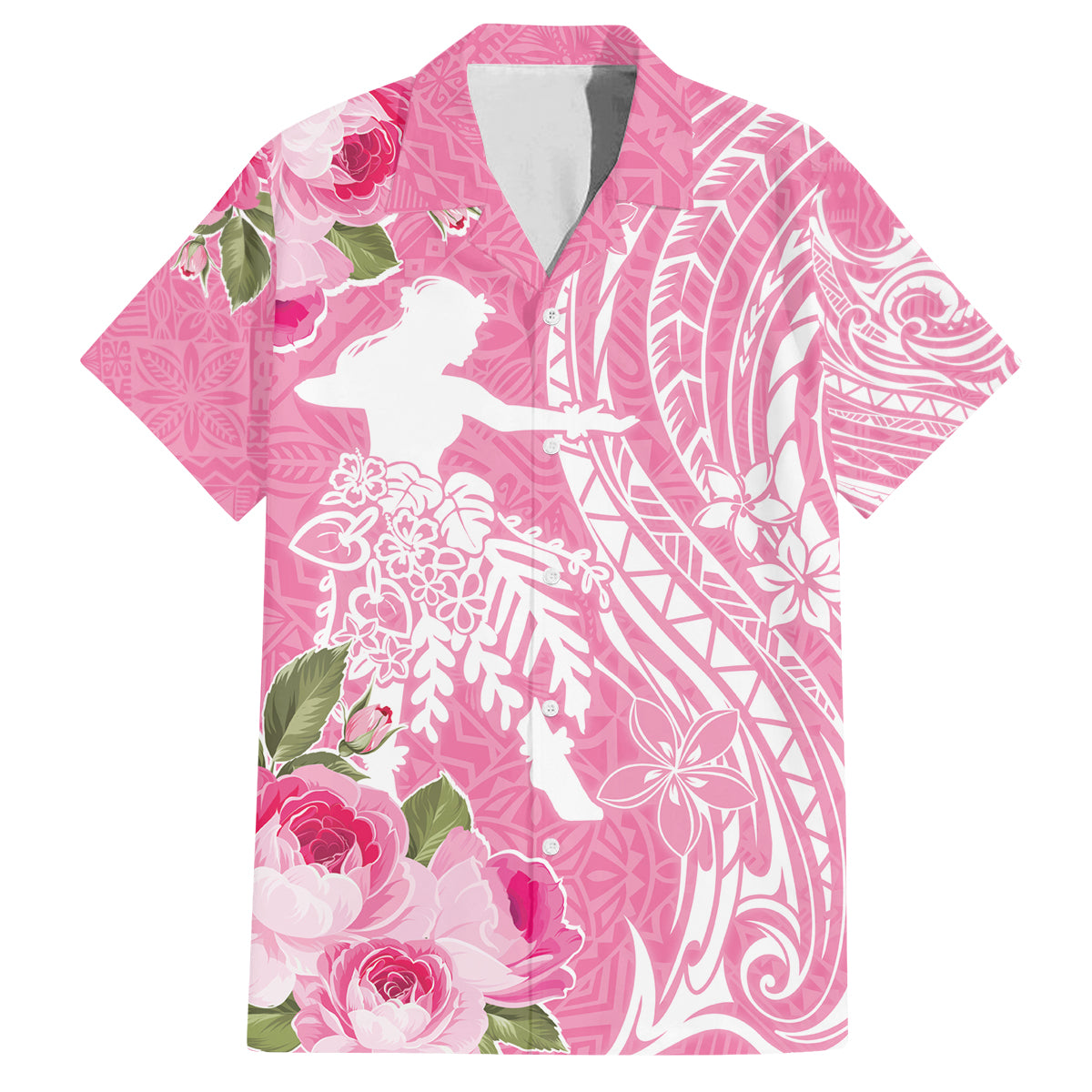 Personalised Hawaii Wahine Family Matching Puletasi and Hawaiian Shirt Women's Day Maui Lokelani Roses LT7 Dad's Shirt - Short Sleeve Pink - Polynesian Pride