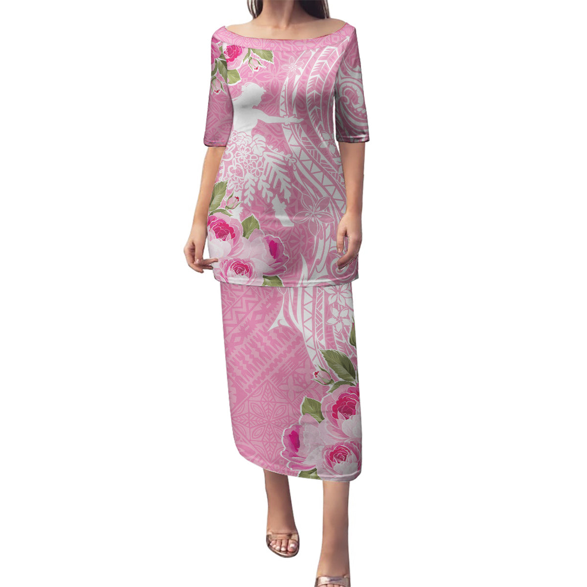 Personalised Hawaii Wahine Family Matching Puletasi and Hawaiian Shirt Women's Day Maui Lokelani Roses LT7 Mom's Dress Pink - Polynesian Pride