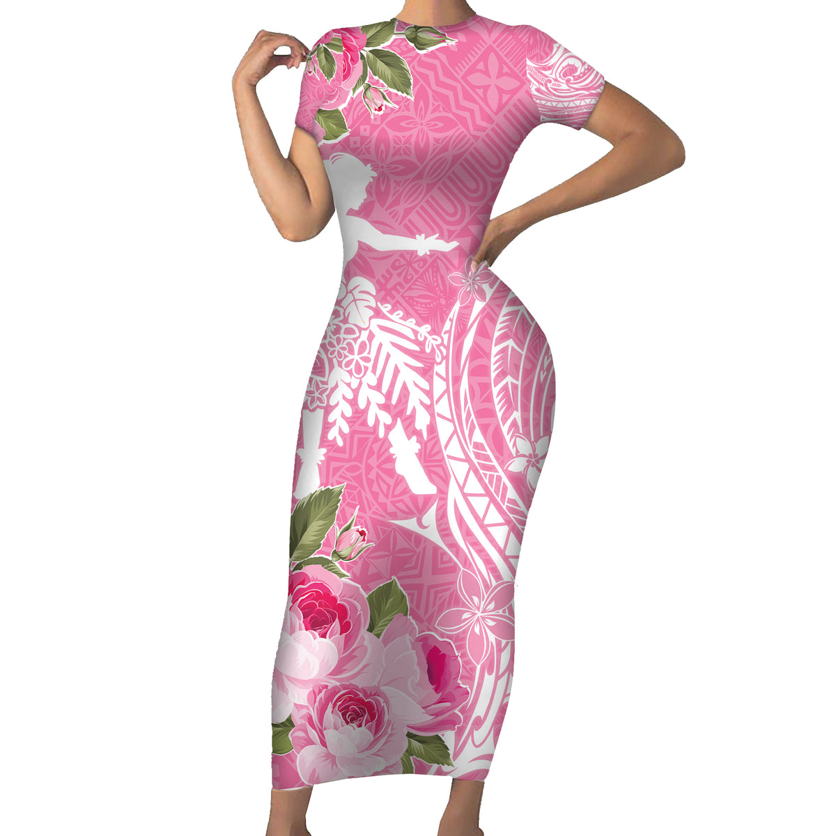 Personalised Hawaii Wahine Family Matching Short Sleeve Bodycon Dress and Hawaiian Shirt Women's Day Maui Lokelani Roses LT7 Mom's Dress Pink - Polynesian Pride