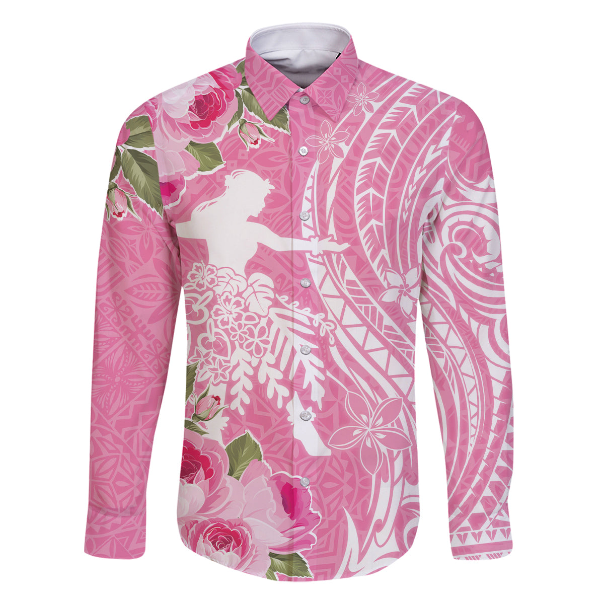 Personalised Hawaii Wahine Family Matching Tank Maxi Dress and Hawaiian Shirt Women's Day Maui Lokelani Roses LT7 Dad's Shirt - Long Sleeve Pink - Polynesian Pride