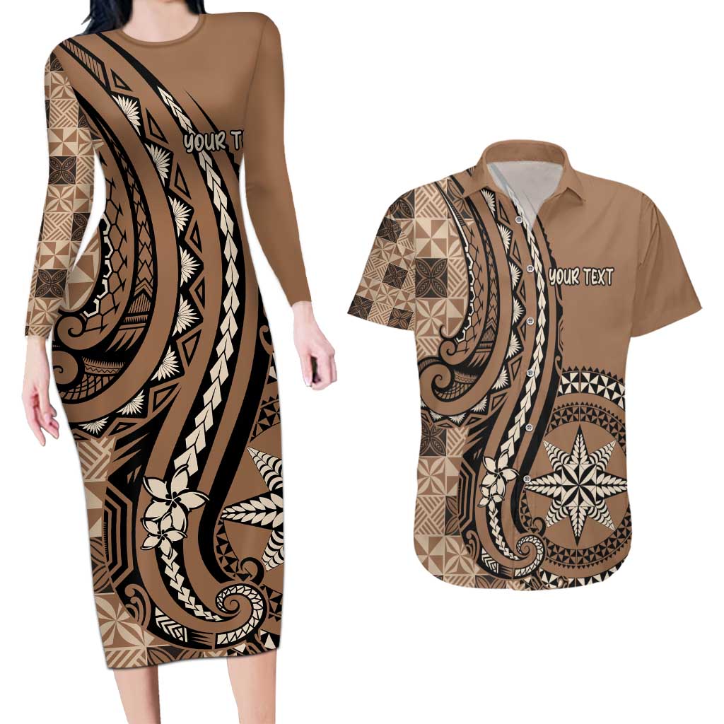 Personalized Tonga Ngatu Couples Matching Long Sleeve Bodycon Dress and Hawaiian Shirt Vintage Brown Manulua Motifs LT7 Brown - Polynesian Pride