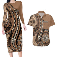Personalized Tonga Ngatu Couples Matching Long Sleeve Bodycon Dress and Hawaiian Shirt Vintage Brown Manulua Motifs LT7 Brown - Polynesian Pride