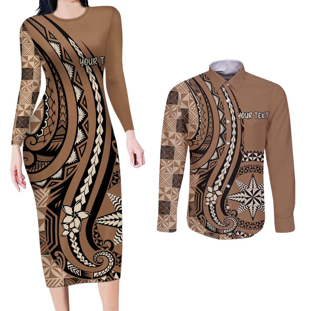 Personalized Tonga Ngatu Couples Matching Long Sleeve Bodycon Dress and Long Sleeve Button Shirt Vintage Brown Manulua Motifs LT7 Brown - Polynesian Pride