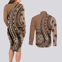 Personalized Tonga Ngatu Couples Matching Long Sleeve Bodycon Dress and Long Sleeve Button Shirt Vintage Brown Manulua Motifs LT7 - Polynesian Pride