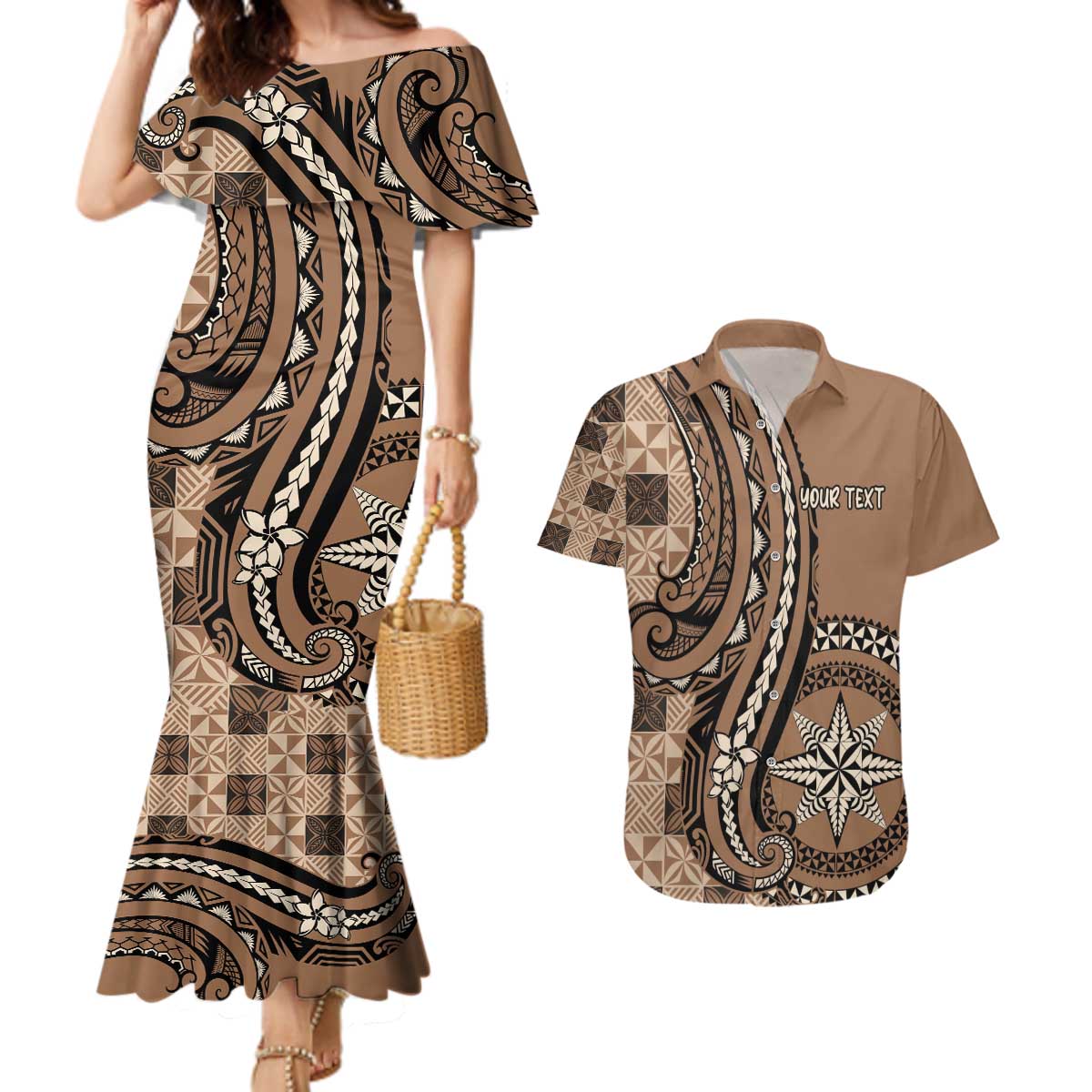 Personalized Tonga Ngatu Couples Matching Mermaid Dress and Hawaiian Shirt Vintage Brown Manulua Motifs LT7 Brown - Polynesian Pride