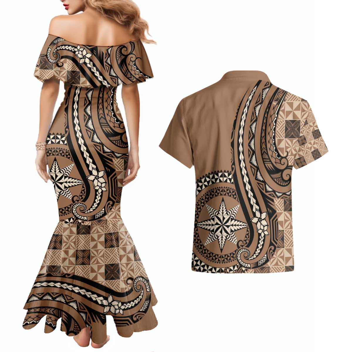 Personalized Tonga Ngatu Couples Matching Mermaid Dress and Hawaiian Shirt Vintage Brown Manulua Motifs LT7 - Polynesian Pride