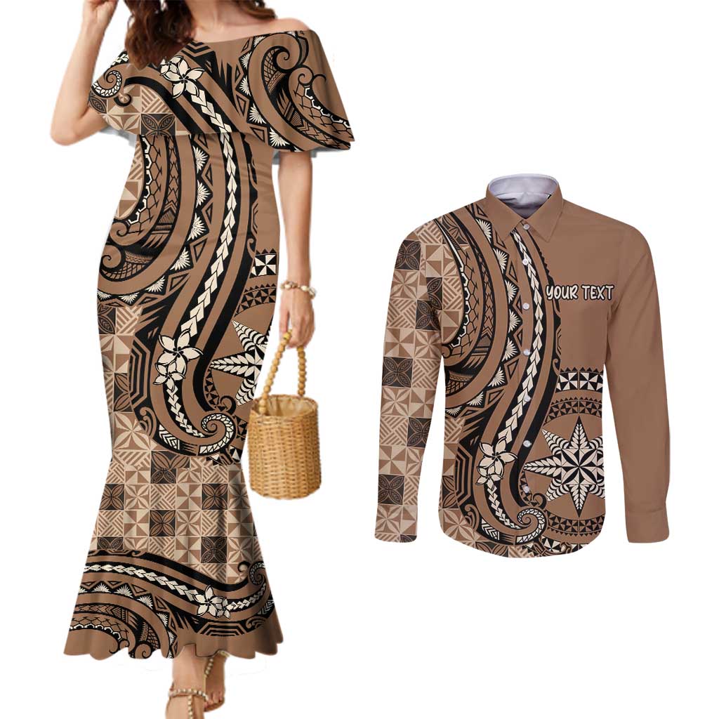 Personalized Tonga Ngatu Couples Matching Mermaid Dress and Long Sleeve Button Shirt Vintage Brown Manulua Motifs LT7 Brown - Polynesian Pride