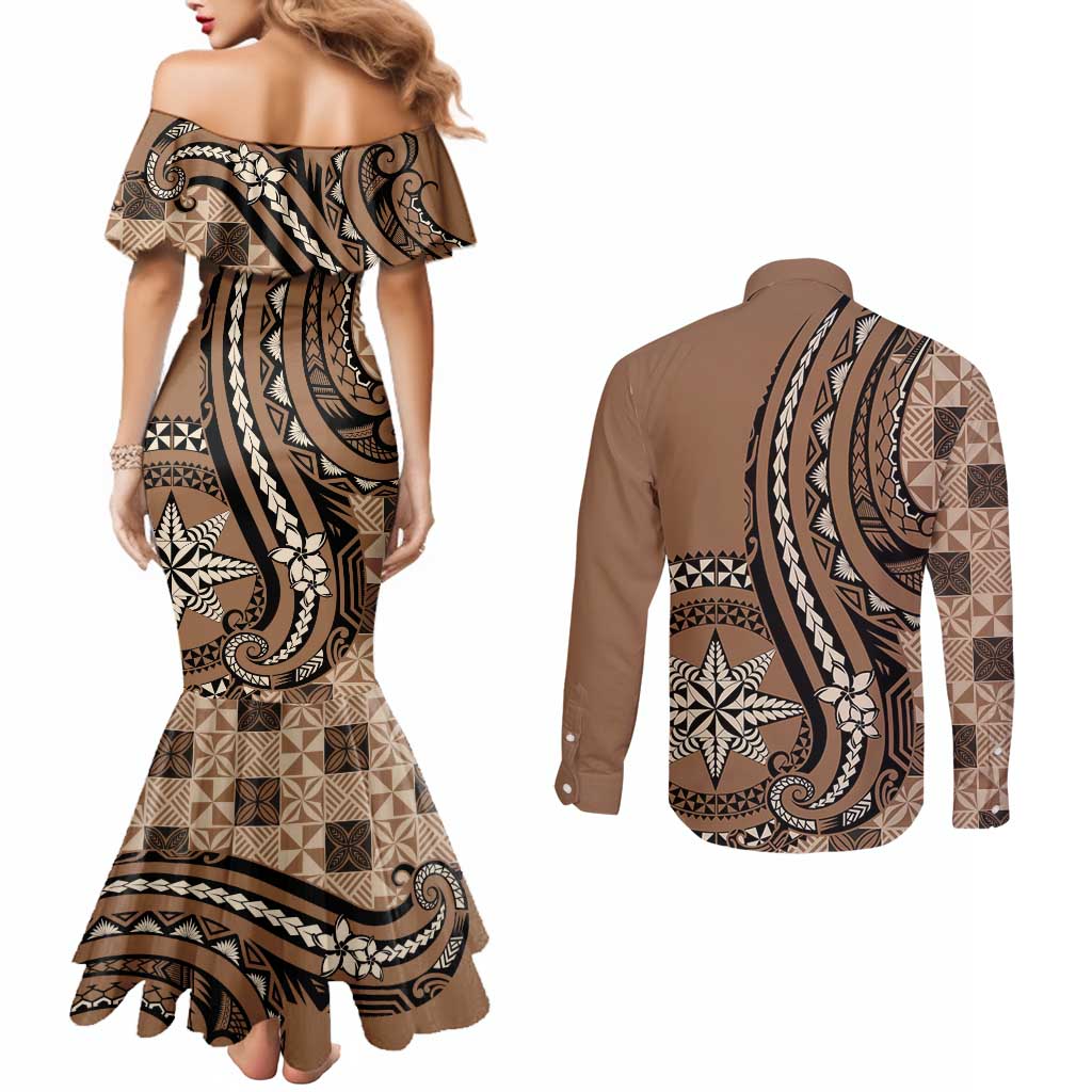 Personalized Tonga Ngatu Couples Matching Mermaid Dress and Long Sleeve Button Shirt Vintage Brown Manulua Motifs LT7 - Polynesian Pride