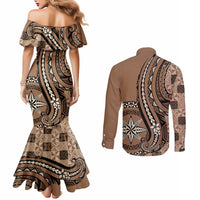 Personalized Tonga Ngatu Couples Matching Mermaid Dress and Long Sleeve Button Shirt Vintage Brown Manulua Motifs LT7 - Polynesian Pride