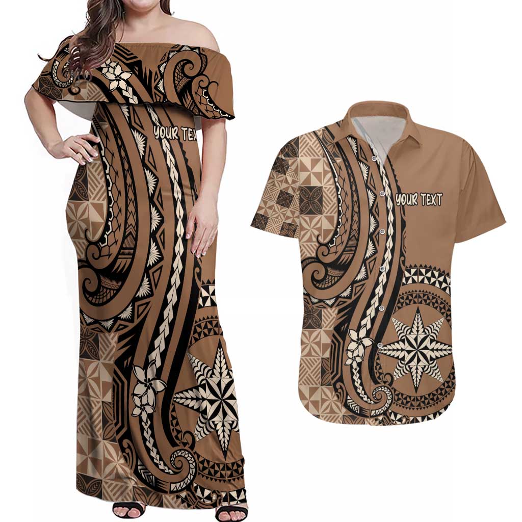 Personalized Tonga Ngatu Couples Matching Off Shoulder Maxi Dress and Hawaiian Shirt Vintage Brown Manulua Motifs LT7 Brown - Polynesian Pride