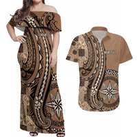 Personalized Tonga Ngatu Couples Matching Off Shoulder Maxi Dress and Hawaiian Shirt Vintage Brown Manulua Motifs LT7 Brown - Polynesian Pride